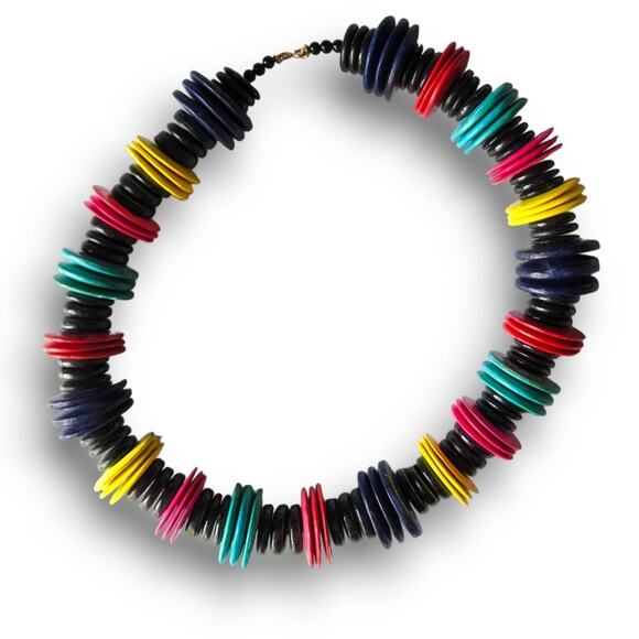 (brand not known) Jewelry - Colorful teal red magenta yellow black wooden bead necklace